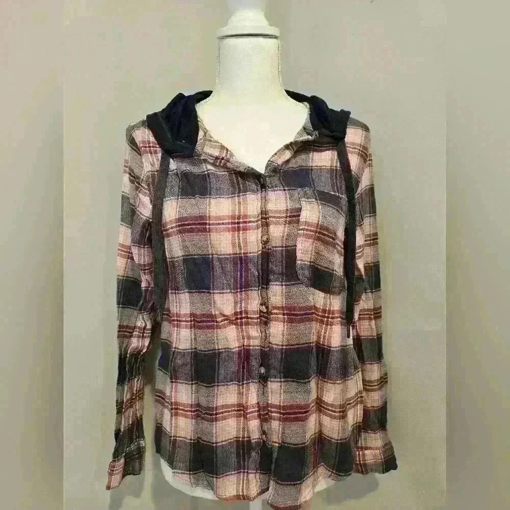 C&C California Anthropologie Shirt Womens Medium Blue Plaid Hooded Flannel